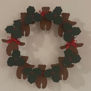 Festive Bear and Holly TIN Wreath - Brown and Green